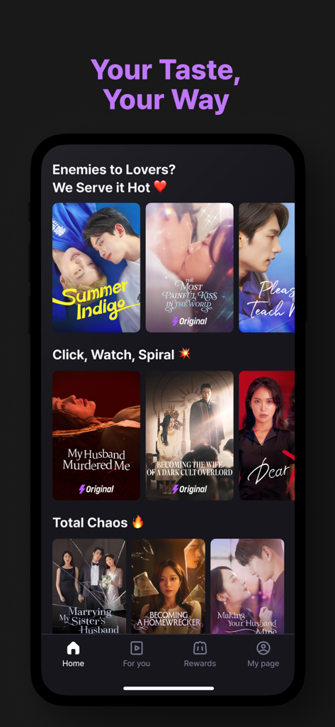 A mobile interface for Shortcha app showing curated drama categories like Enemies to Lovers and Total Chaos with movie posters