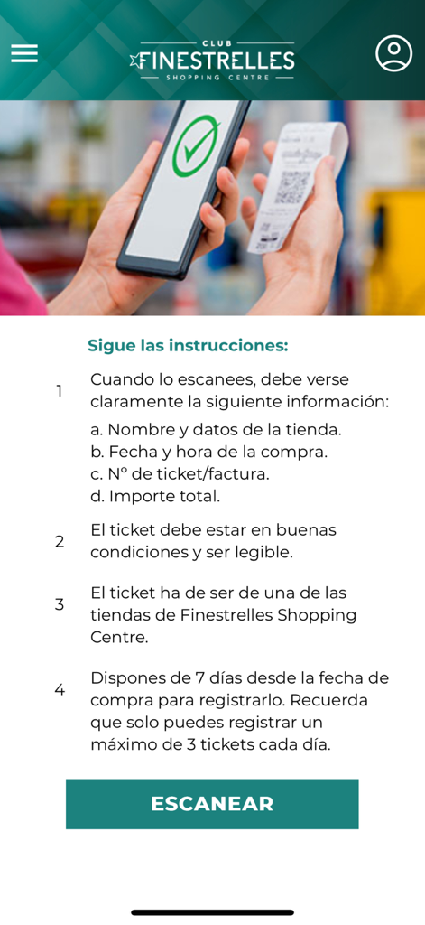 Finestrelles - Mobile screen showing instructions for scanning shopping receipts in the Finestrelles app