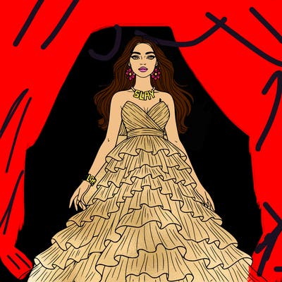 cute girl long hair and nail wearing very beautiful prom dress with cute earrings and a slay necklace and bracelet