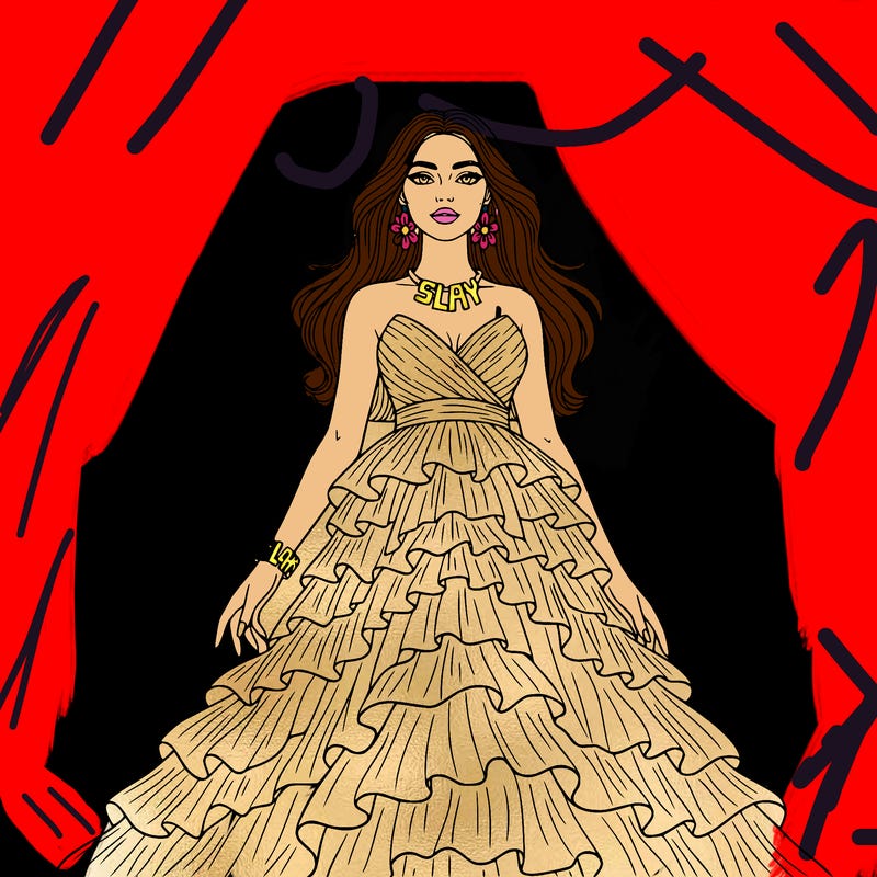 cute girl long hair and nail wearing very beautiful prom dress with cute earrings and a slay necklace and bracelet