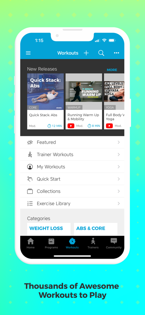 Interfaz de la aplicación Entrenador de Ejercicios IA que muestra una biblioteca diversa de entrenamientos que incluyen ejercicios de abdominales, movilidad y yoga.