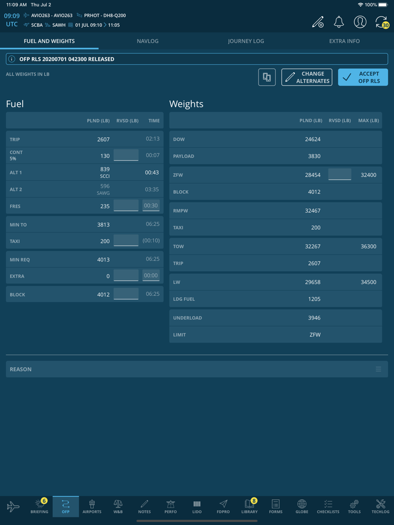 AvioBook Flight - A screenshot of the AvioBook Flight app showing detailed fuel and weights data on an iPad interface for professional pilots