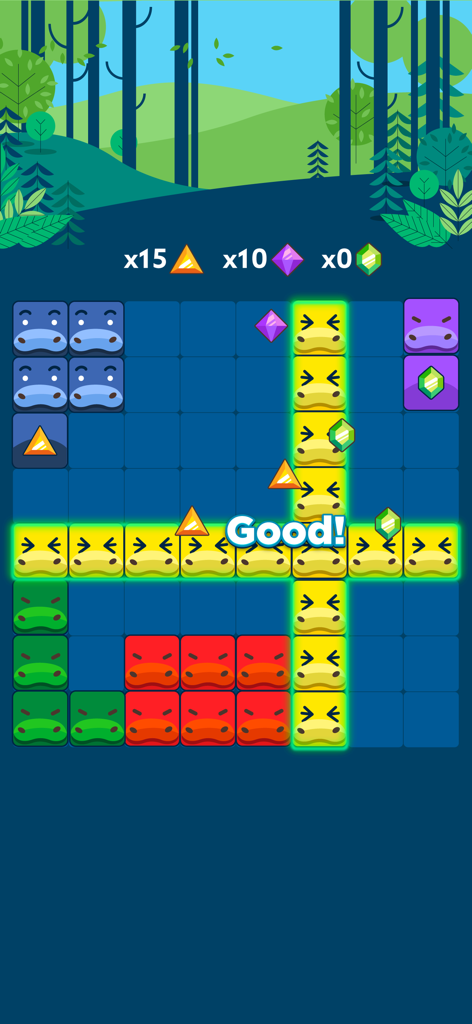 Block Puzzle: blast the square - Una cuadrícula colorida de puzles de bloques que muestra una eliminación de línea en un nivel con temática de bosque