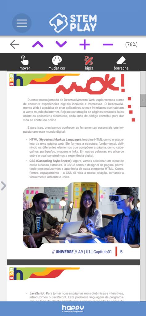 STEM Play - Letramento Digital - Interface de um módulo educacional no aplicativo STEM Play sobre desenvolvimento web HTML e CSS