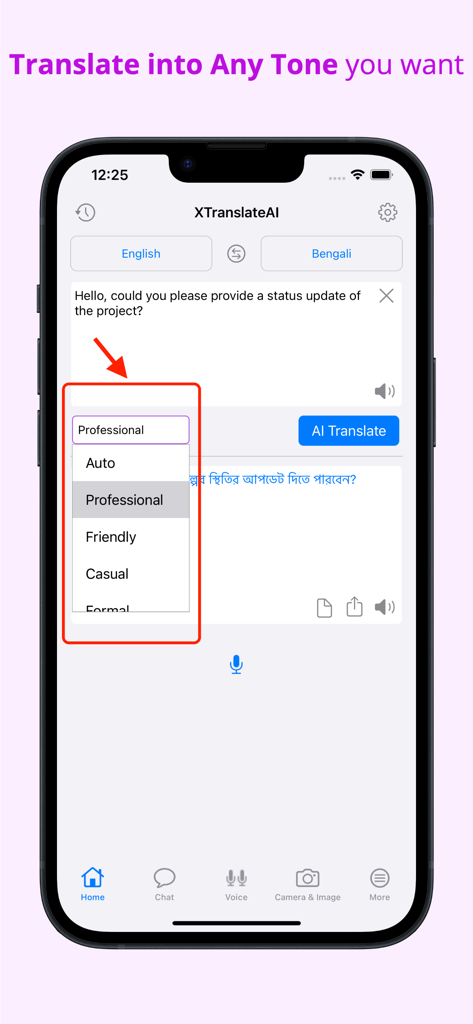 XTranslate AI - XTranslate AI app interface showing the tone selection menu with options like Professional Friendly and Casual for accurate communication