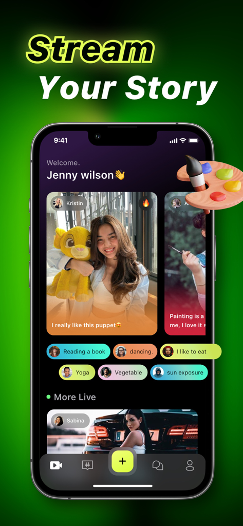 Nero - Video Call, Live Stream - 라이브 스트림과 사용자 관심사 태그가 포함된 Nero 앱 인터페이스를 보여주는 스마트폰 화면