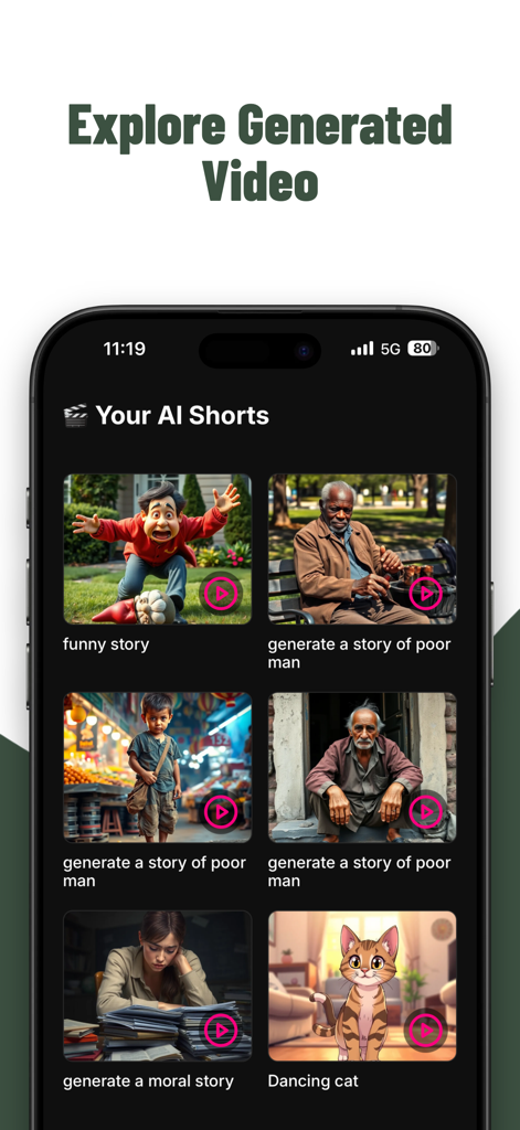 AI Video Maker : AutoAIShorts - AutoAI Shorts app interface showing a gallery of AI generated video clips for social media.