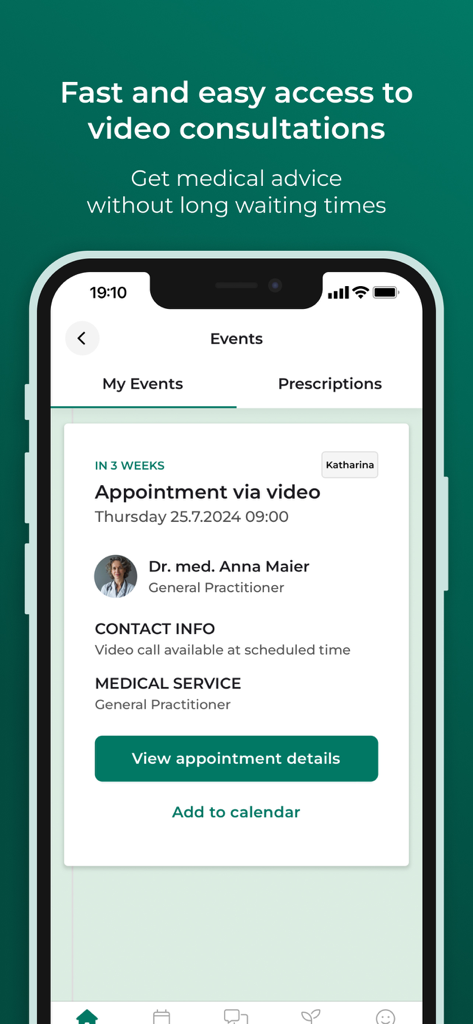 Meliva app screen showing a scheduled video consultation with a doctor.