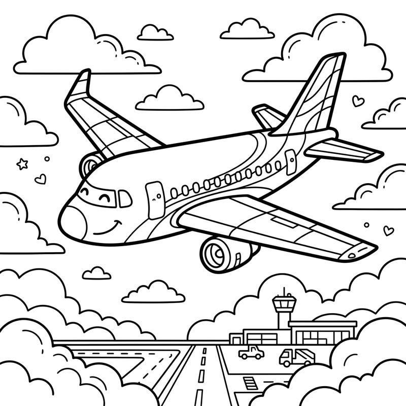 Get ready for takeoff with this exciting commercial airplane coloring page designed especially for kids! Little aviators will love bringing this cheerful jet and bustling airport scene to life with their favorite colors.