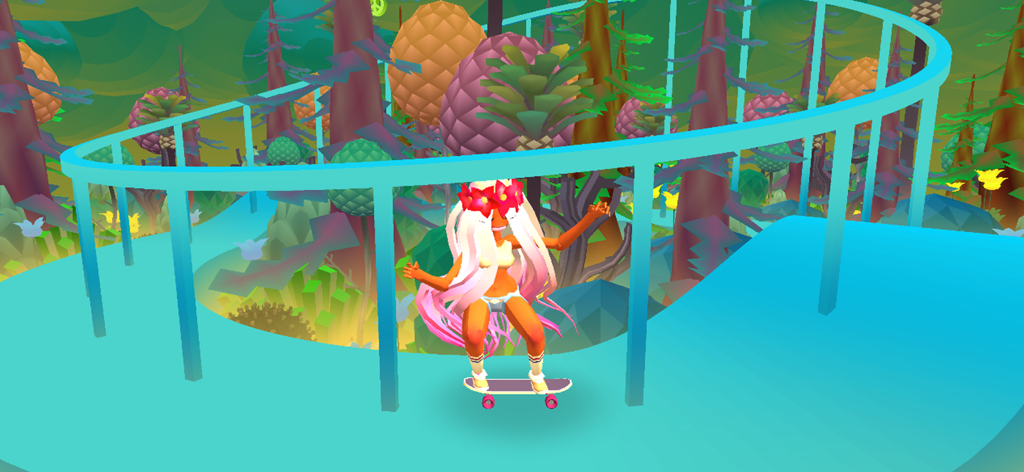 Hippy Skate - Personagem com uma coroa de flores andando de skate por uma floresta psicodélica colorida.