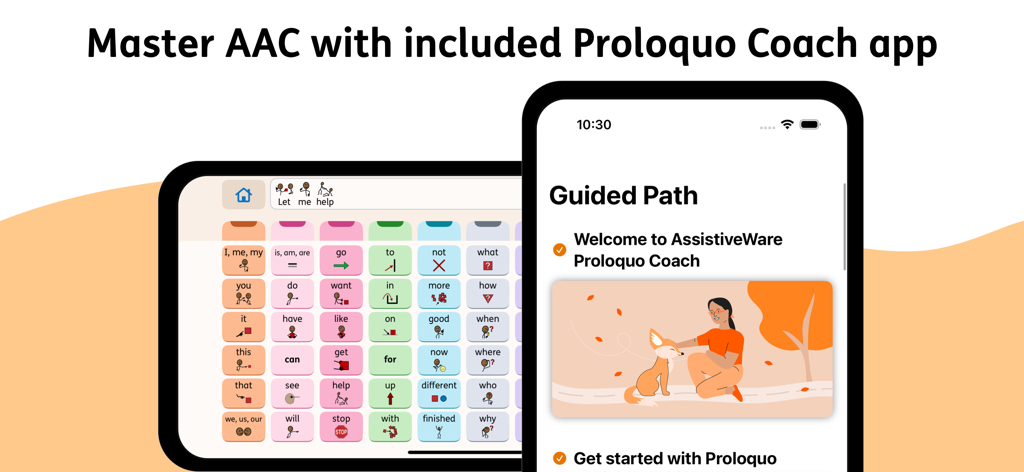 Proloquo - Proloquo AACコミュニケーションボードとProloquo Coachのガイド付きパスがモバイル画面に表示されています