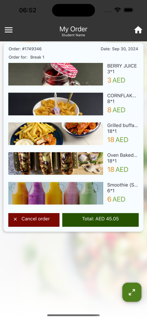 Hot Oven Cafe - Screenshot des Bildschirms 'Meine Bestellung' in der Hot Oven Cafe App, der eine Zusammenfassung der vorbestellten Schulmahlzeiten und Getränke anzeigt