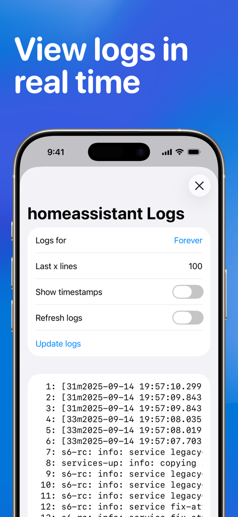 Dockerコンテナのリアルタイムログビューアを表示するWhaleDeckモバイルアプリ。