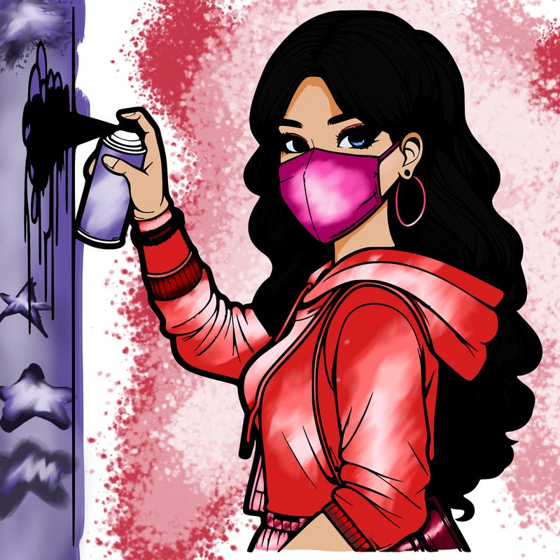 realistic girl with mask spray painting a wall