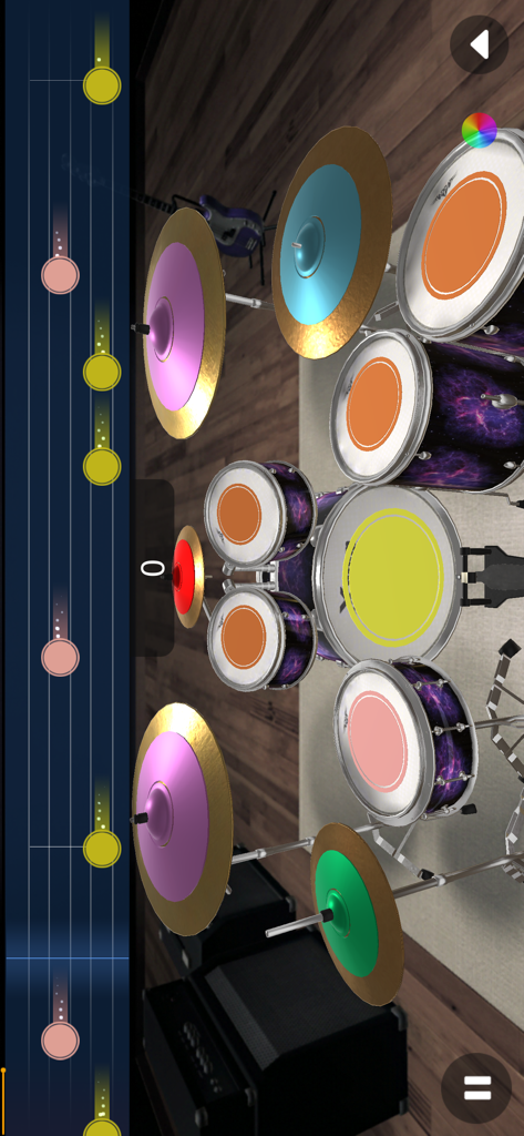 X Drum - 3D & AR - X Drumアプリで、落ちてくるリズムノートが表示された3Dバーチャルドラムキット