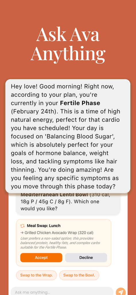 AI assistant interface in Ava app providing personalized hormone cycle advice and meal swap suggestions
