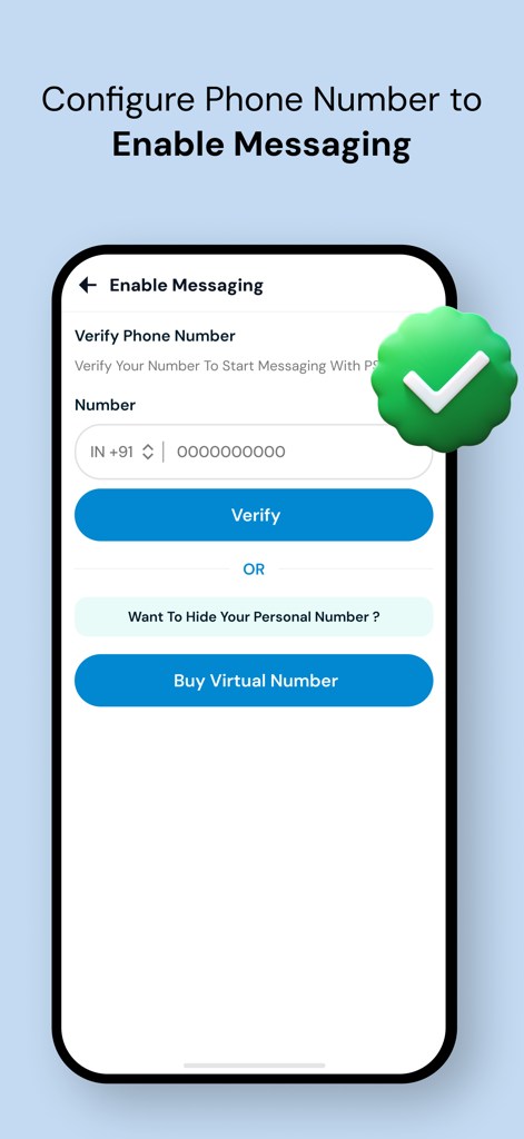 Interface of Private Message Box showing options to verify a phone number or purchase a virtual number for privacy