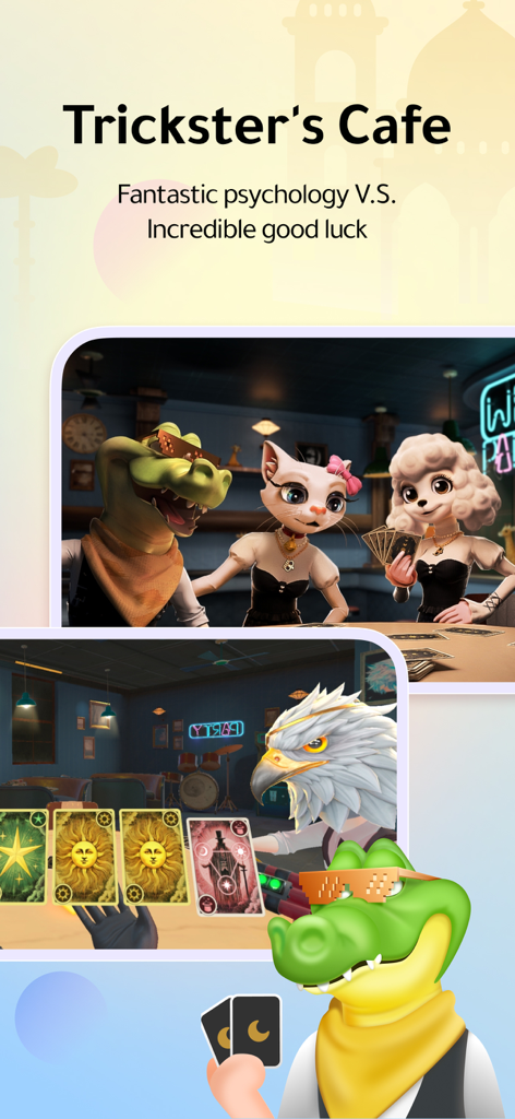3D animal avatars playing a card game in a virtual cafe