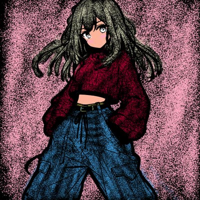 anime teen girl with baggy pants and crop top with sweater