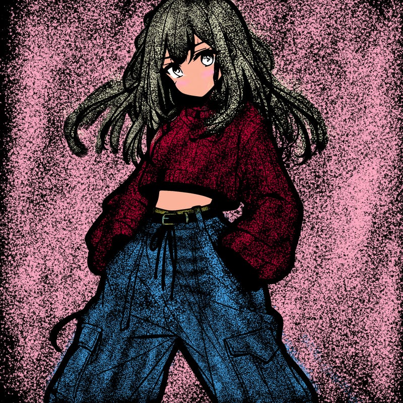 anime teen girl with baggy pants and crop top with sweater
