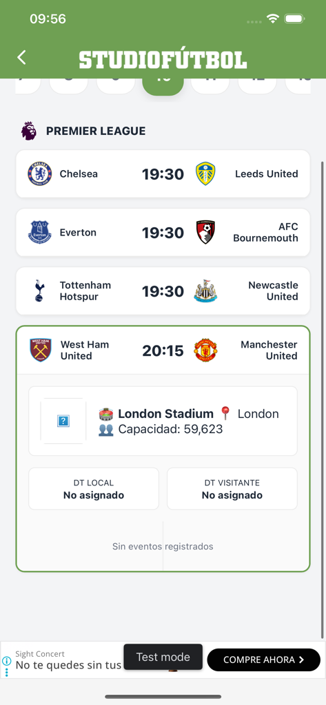 StudioFutbol - Écran de l'application StudioFutbol affichant les matchs de football de la Premier League et les détails du stade.