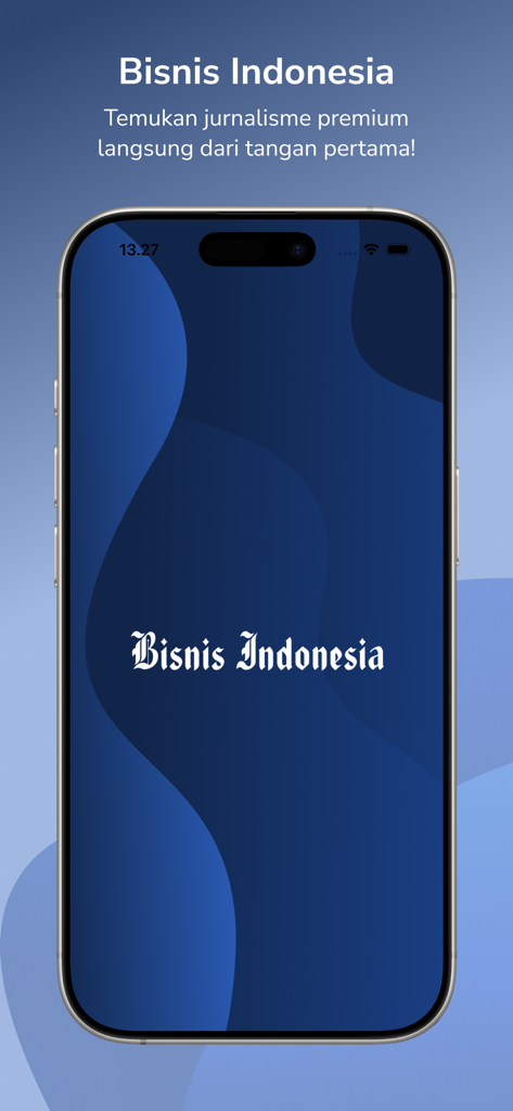 Bisnis Indonesia E-Paper app splash screen on a mobile phone with a professional blue background.