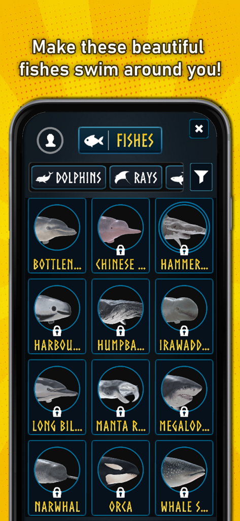 A mobile app screen showing a menu of 3D AR marine animals like dolphins whales and sharks to choose from.
