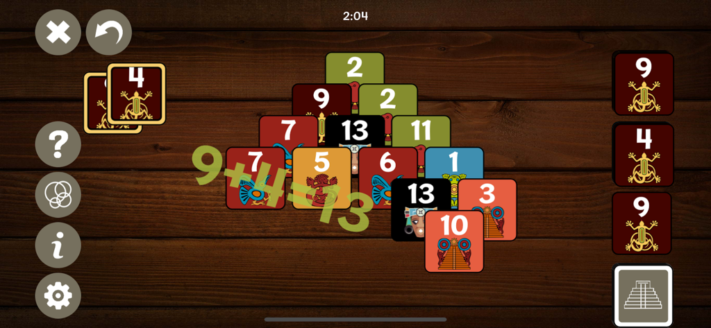 Pyramid+ - Gameplay of Pyramid Plus solitaire featuring Aztec themed cards and a sum to 13 mechanic