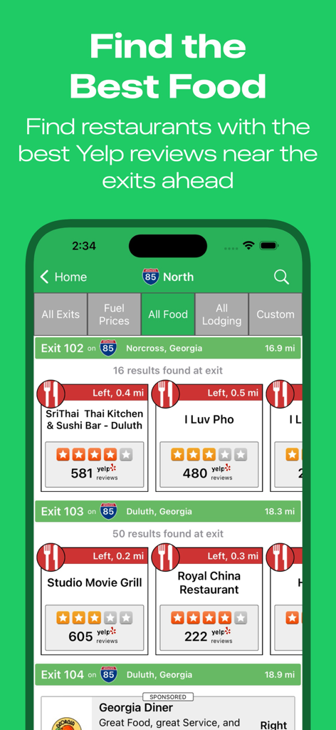 iExit Interstate Exit Guide - iExit app screen showing local restaurants and Yelp ratings at upcoming highway exits