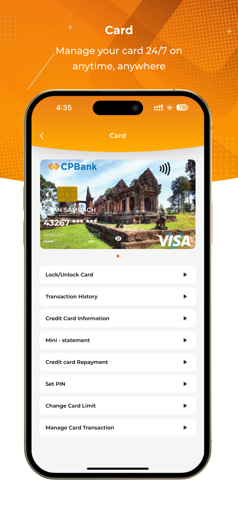 ロックおよびロック解除オプションを含む Visa カード管理機能を表示する CPBank モバイルバンキングアプリの画面