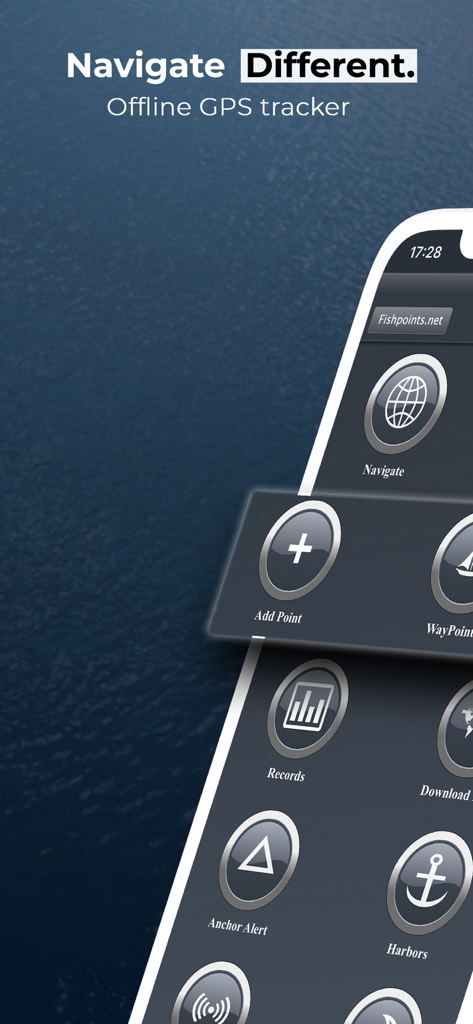 Startbildschirm der Marine Navigation App mit Offline-GPS-Tracker und Navigationssymbolen