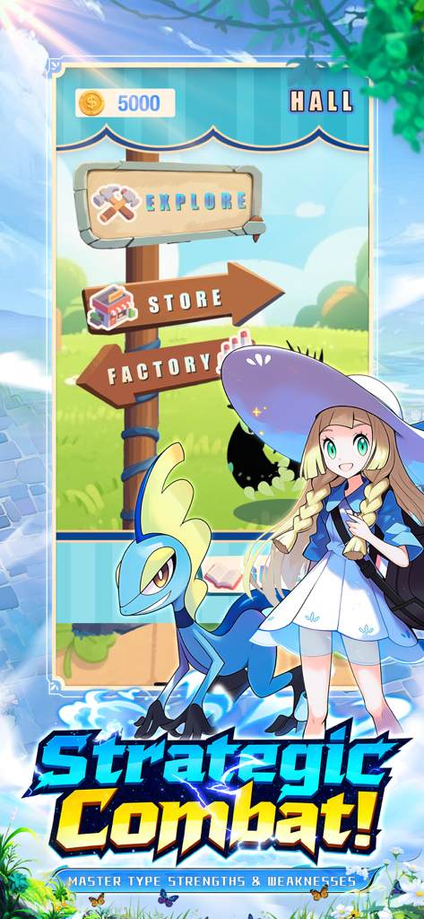 An anime girl with a large blue hat and her blue dragon-like pet in front of a game menu featuring Strategic Combat text.