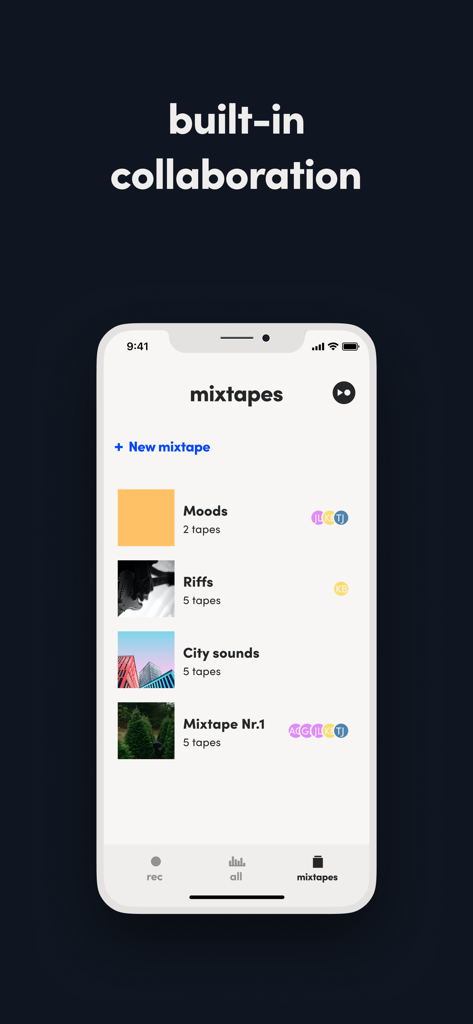 Tape It - Pro Audio Recorder - Tape It app interface displaying collaborative mixtapes organized by project name with user profile icons