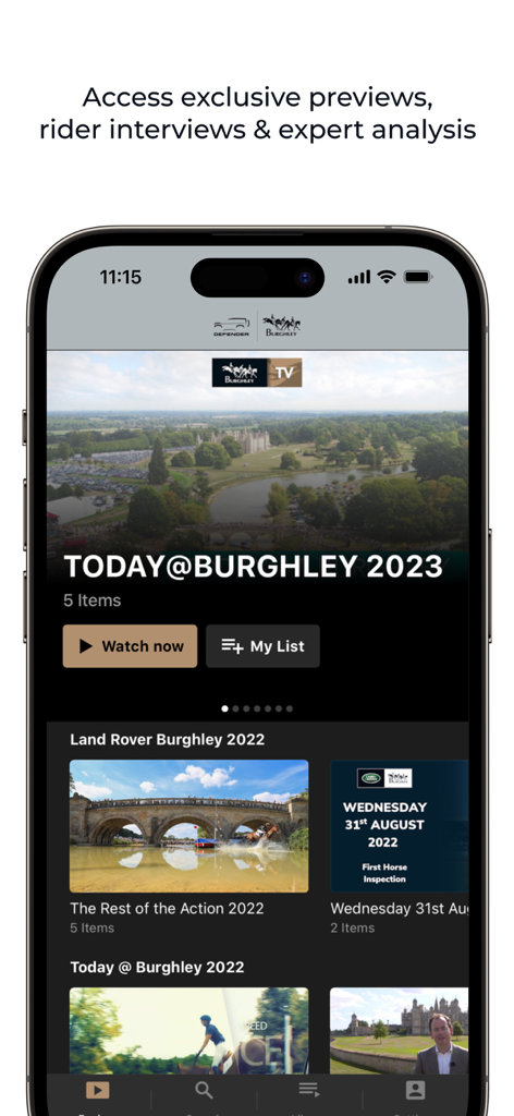 Burghley TV - Burghley TV app interface showing equestrian event coverage and rider interviews