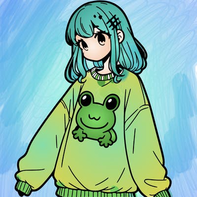 girl wearing frogging sweatshirt