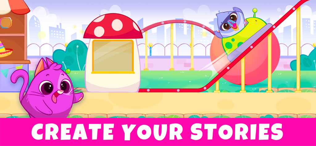 Bibi World: Games for Kids 3-6 - Lindos personajes de dibujos animados jugando en un parque de atracciones con una montaña rusa y un puesto con forma de hongo.