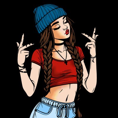 realistic teenage girl with braids and a beanie and crop top doing 🫶🏼