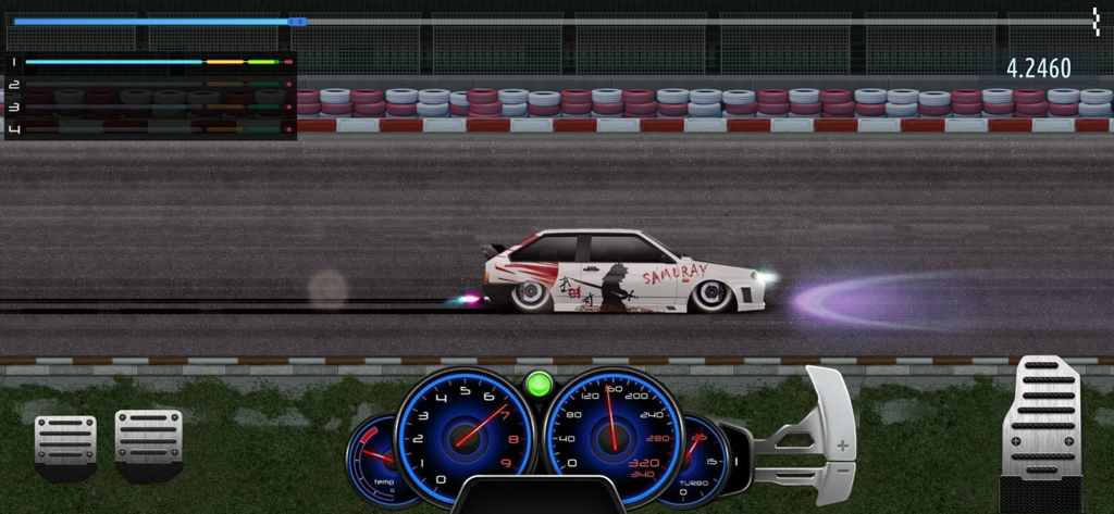 Gameplay screenshot of Drag Racing Street Car Game showing a white car with a samurai decal on a track with a digital dashboard
