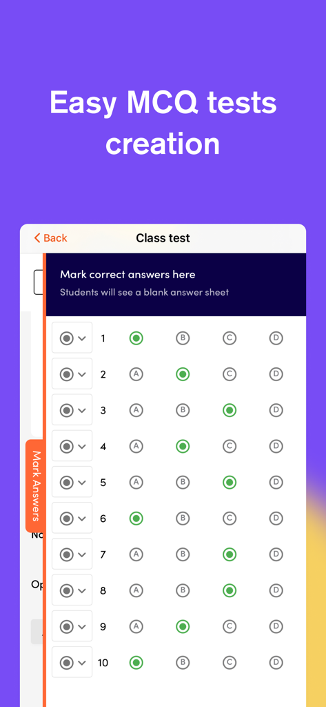 A mobile interface for creating multiple choice question tests within the Wise Teach Online app showing a grid to mark correct answers.