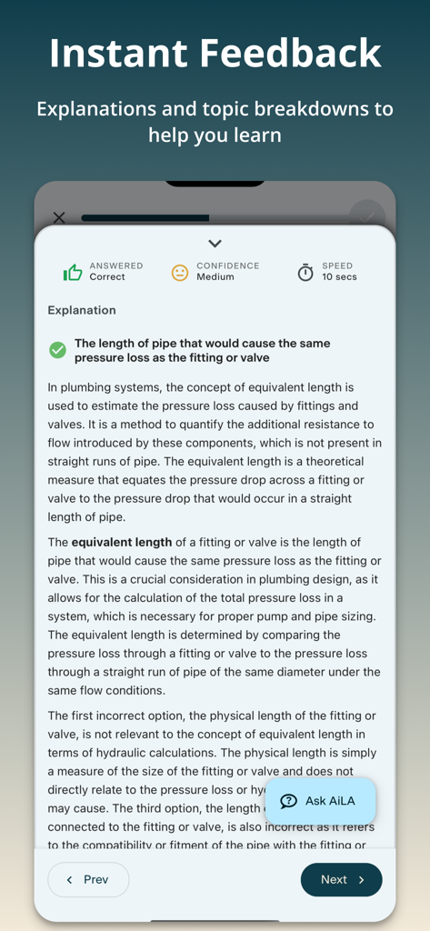 PSI Test Prep - PSI Test Prep app interface showing instant feedback and a detailed explanation for a practice question.