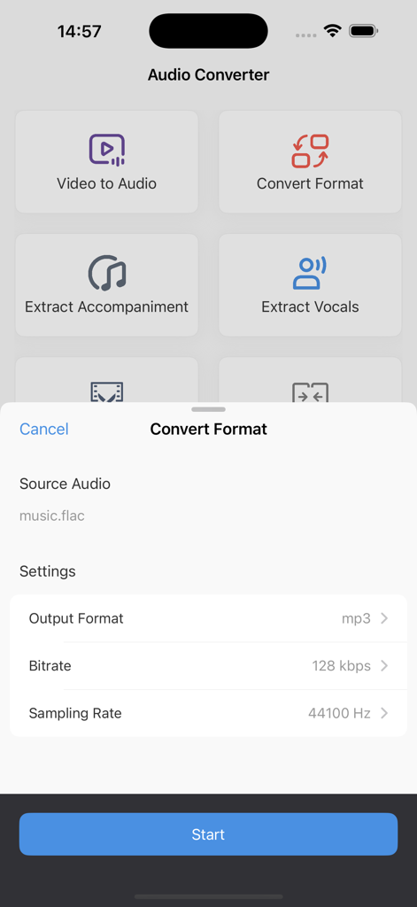 Audio Converter: Audio Editing - Interfaz de la aplicación Audio Converter que muestra opciones para convertir FLAC a formato MP3