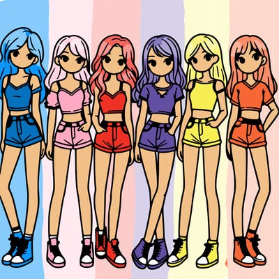 a group of girls wearing crop tops and shorts