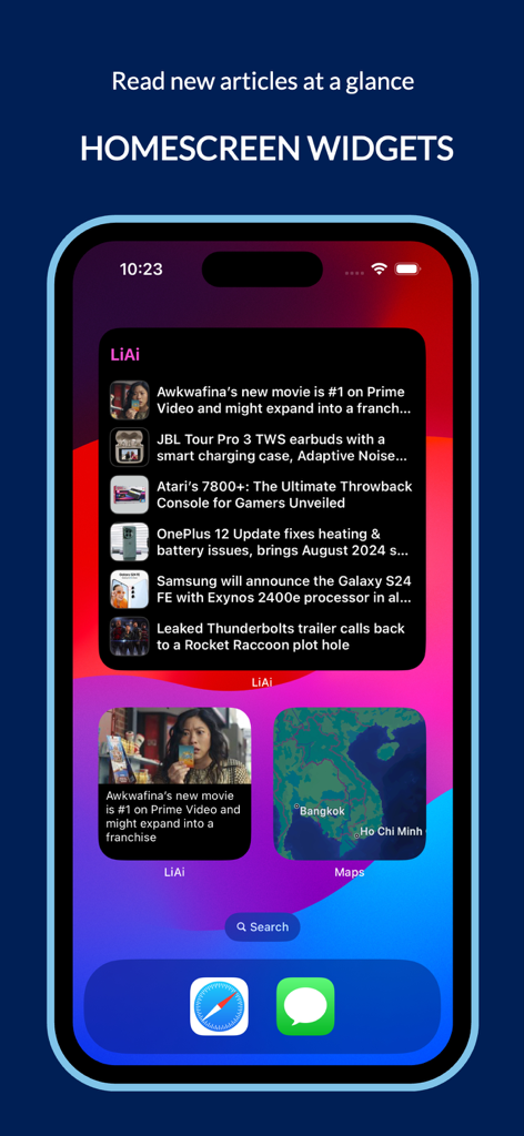 LiAi - Summarizing Tech News - iPhone home screen displaying LiAi tech news widgets for quick summarized updates