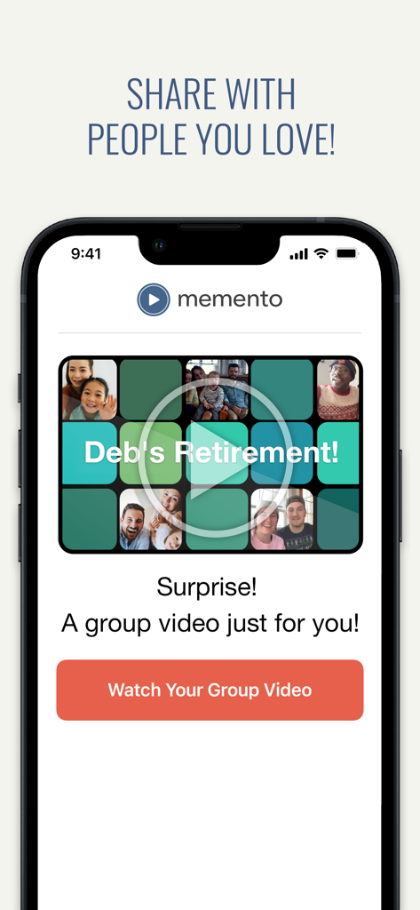 Screenshot of the Memento app displaying a surprise group video for a retirement celebration.
