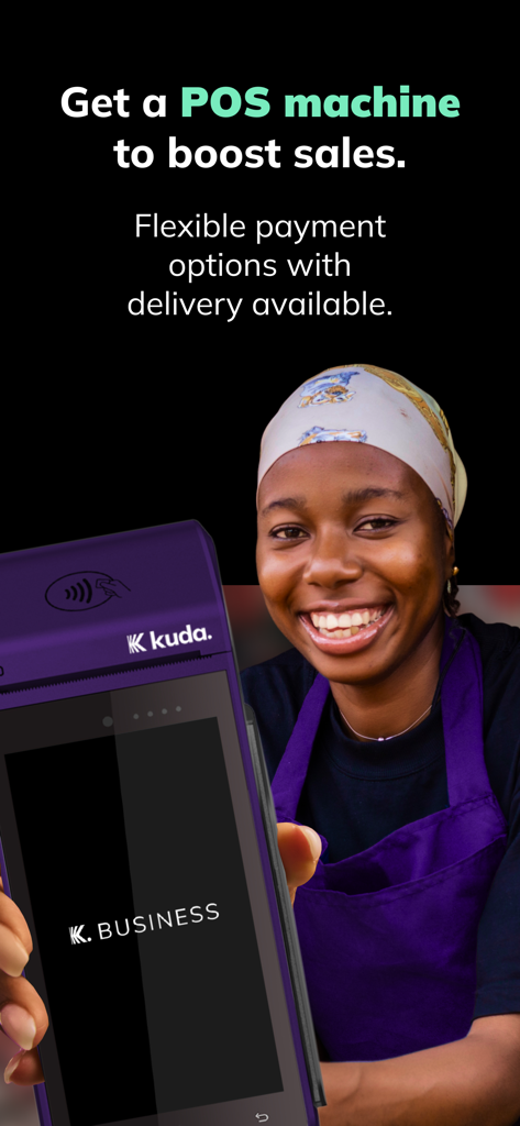 A smiling business owner holding a purple Kuda Business POS terminal for accepting payments