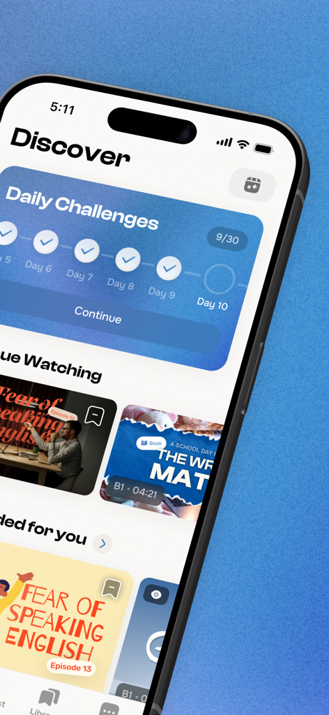 English Club - Daily Challenge - Interfaz de la aplicación English Club que muestra desafíos diarios de aprendizaje de idiomas y lecciones en video