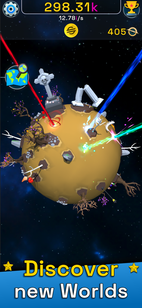 Planet Evolution: Idle Clicker - Screenshot di gioco di Planet Evolution che mostra un pianeta decorato con vari oggetti nello spazio con il testo Scopri Nuovi Mondi