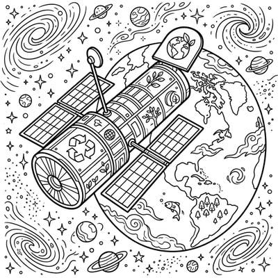 Journey through the stars with this captivating Earth Day coloring page, featuring a magnificent space telescope observing our beautiful planet. Adorned with symbols of conservation, this design encourages creativity while celebrating environmental awareness.