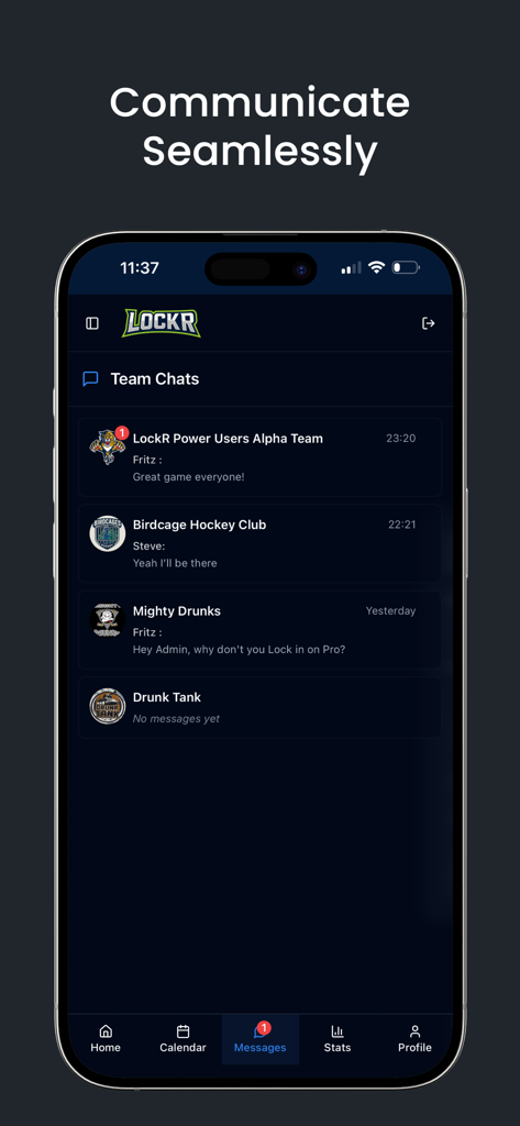 LockR App - Team Manager - Smartphone displaying the LockR app messaging screen with multiple sports team chat groups.