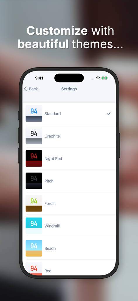 Tempi: BPM Counter & Detector - Schermata delle impostazioni dell'app Tempi che mostra un elenco di opzioni di tema colore per il display BPM.